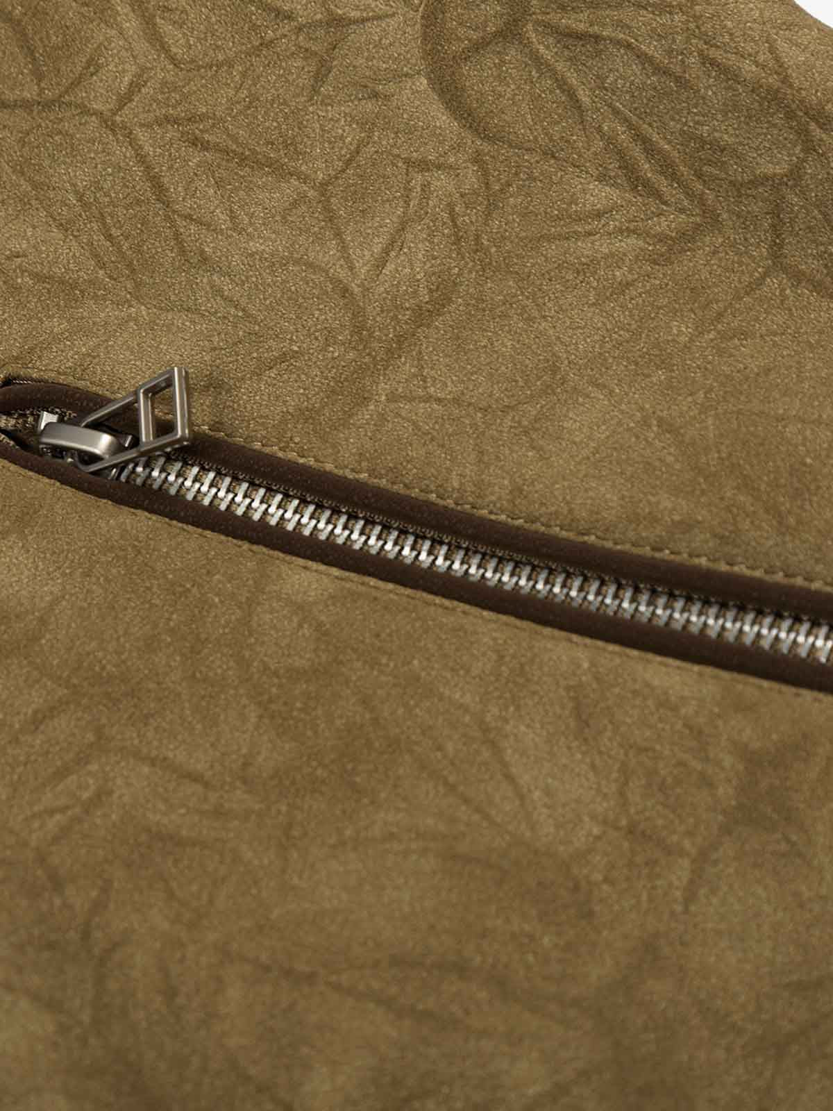 Textured Faux Leather Stand Collar Metal Buckle Jacket