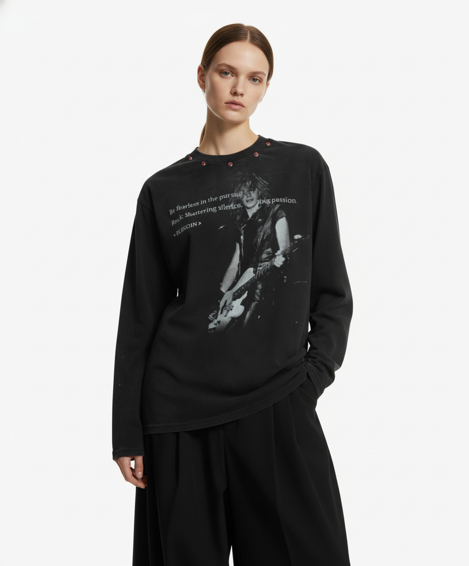 American Retro Rivet Design Street Hip-Hop Long Sleeves T-Shirt