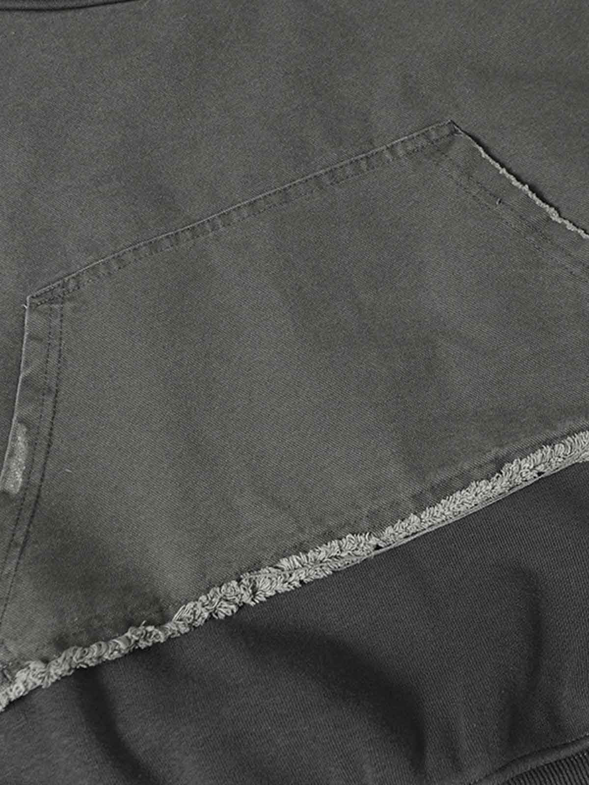 Distressed Patchwork Raw-Edge Layered-Hem Fleece Hoodie 