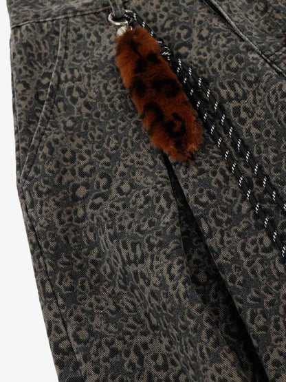 Cotton Leopard Print High-Waisted Wide-Leg Pants with Pleated Design and Decorative Tassel 