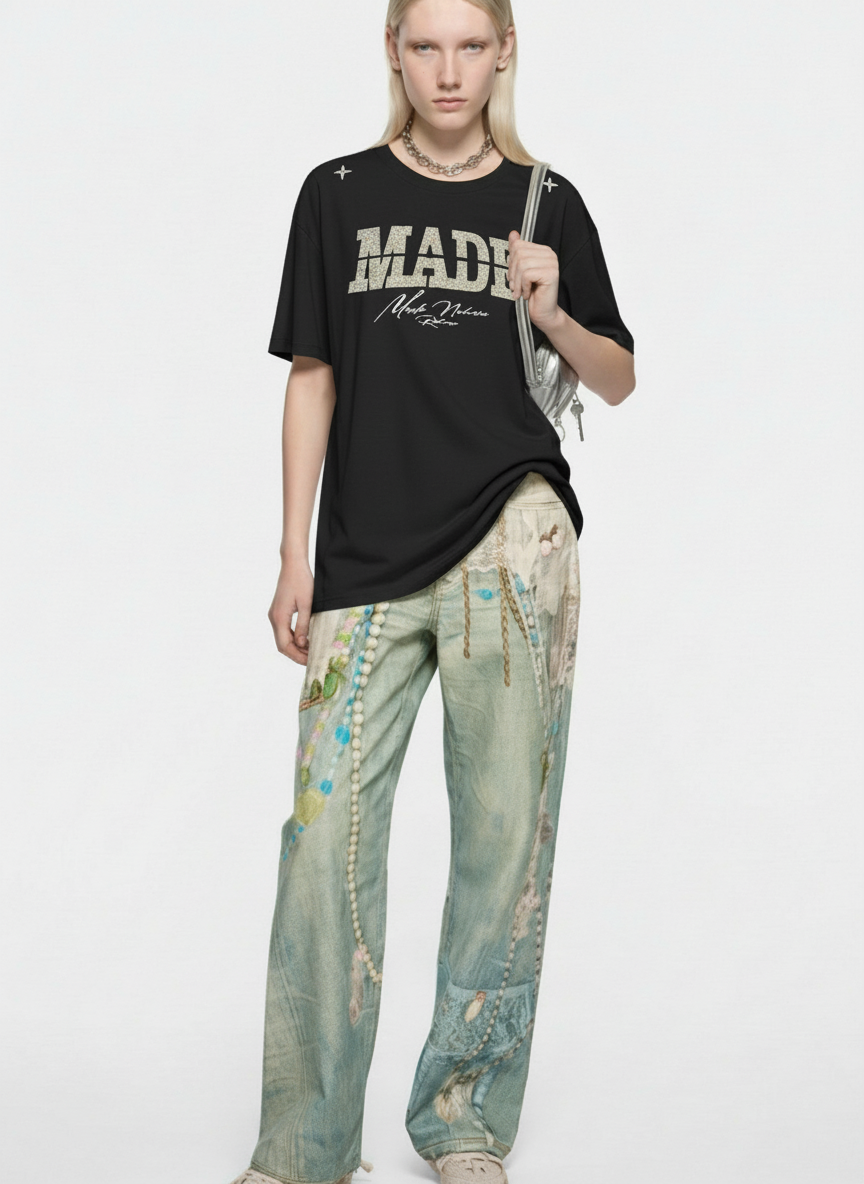 Vintage Patchwork Embroidered Letter T-Shirt