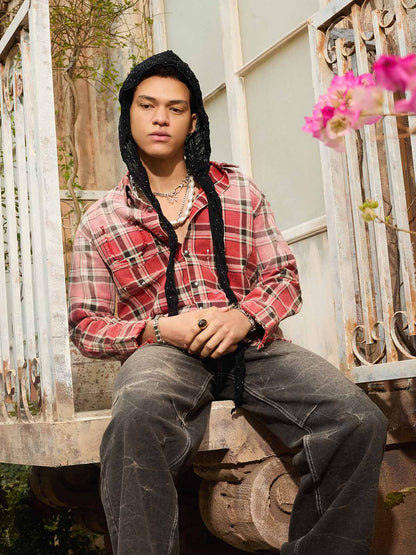 Cotton Plaid Shirt with Paint Splatter Design, Distressed Hem and Pockets, Casual Men's Long Sleeve Button-Up Jacket 