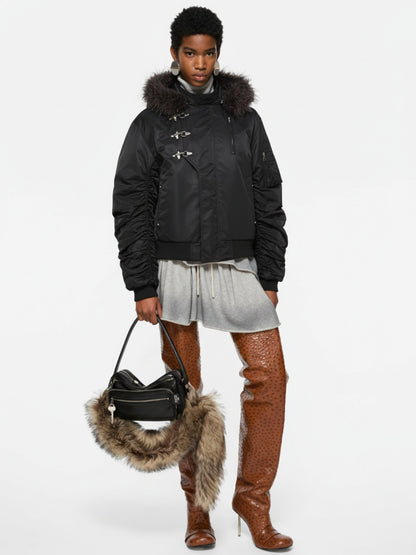 Detachable Faux Fur Collar Ruched Sleeve Bomber Jacket