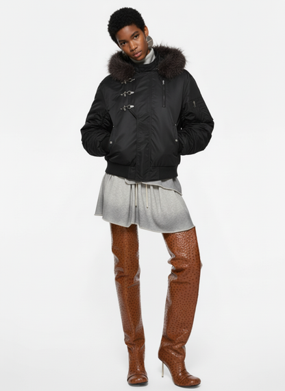 Detachable Faux Fur Collar Ruched Sleeve Bomber Jacket