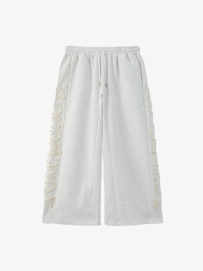 Cotton Blend Pearl Embellished Wide Leg Sweatpants for Women 