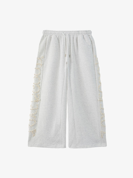 Cotton Blend Pearl Embellished Wide Leg Sweatpants for Women 