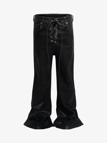 Stylish Black Lace-Up Wide-Leg Jeans for Women - Perfect for Casual and Fashionable Looks 