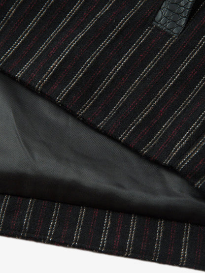 Thesupermade Retro Vertical Stripes Stitching PU Leather Collar Jacket 