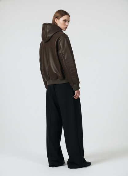 Vintage Leather Badge Fleece-lined Hooded Zip Bomber Jacket