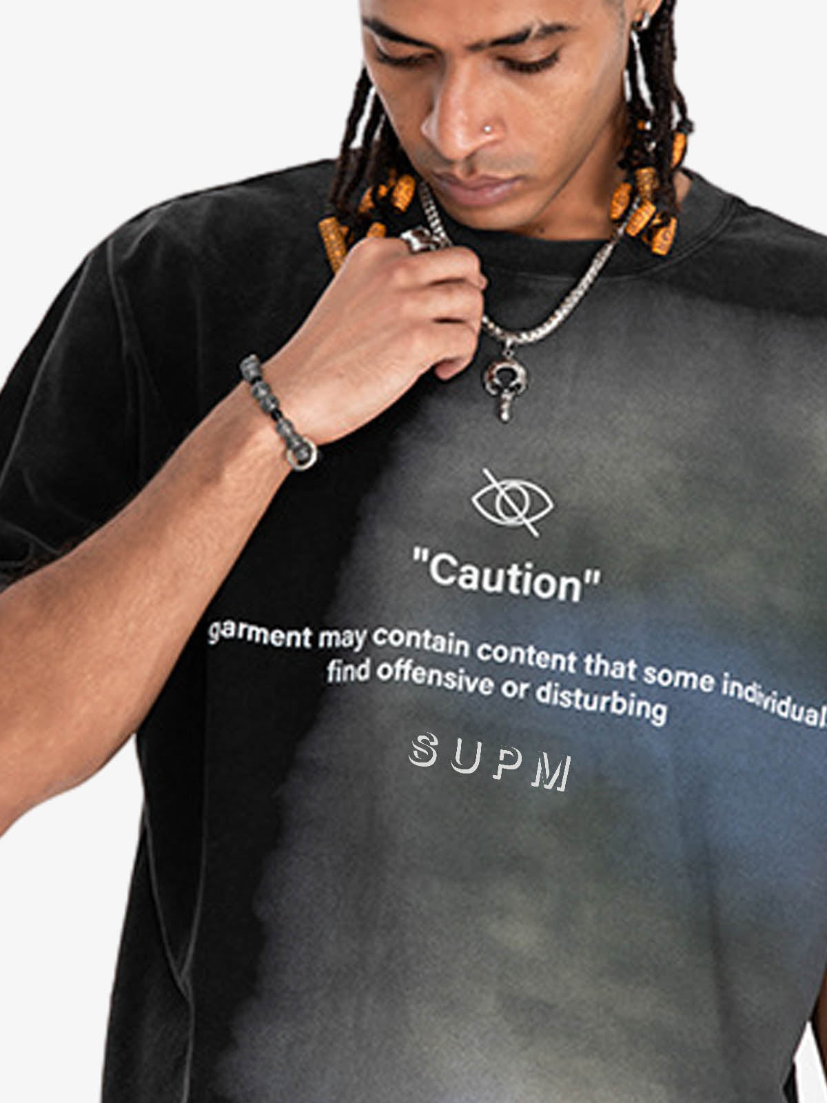 300G Cotton Jade Pattern Dyed T-Shirt with Caution Print Oversized Streetwear Tee?