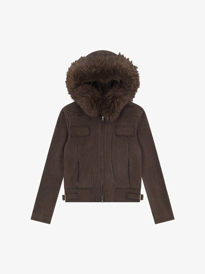 Suede Fur Hooded Slim Fit Jacket