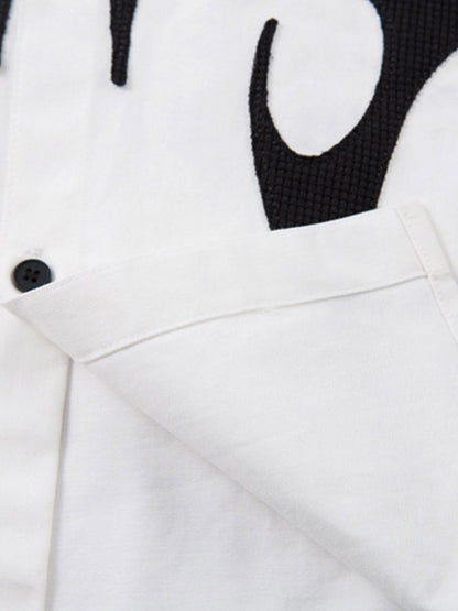 Cotton Blend Short Sleeve Shirt with Black Flame Print Long Sleeve Insert, Stylish Contrast Design for Men and Women?
