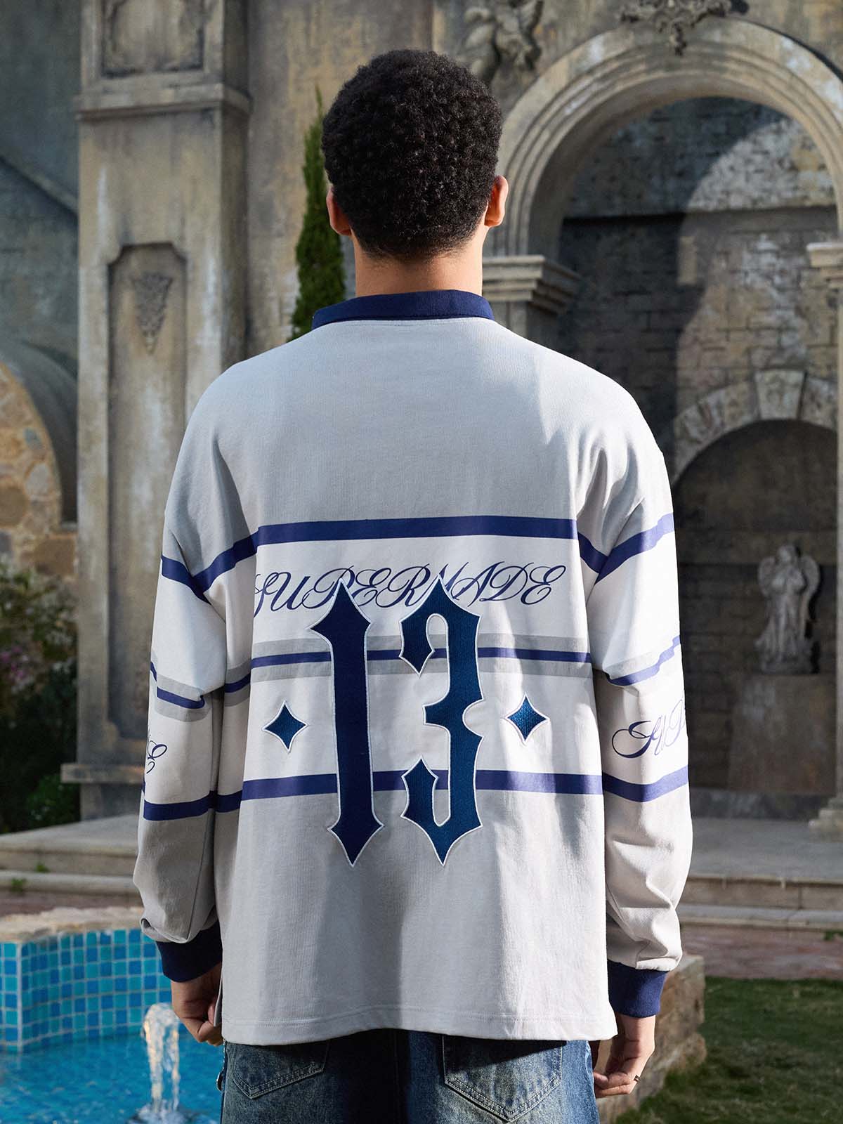 Supermade Color-Blocked Polo Collar Embroidered Print Long-Sleeved Jersey?