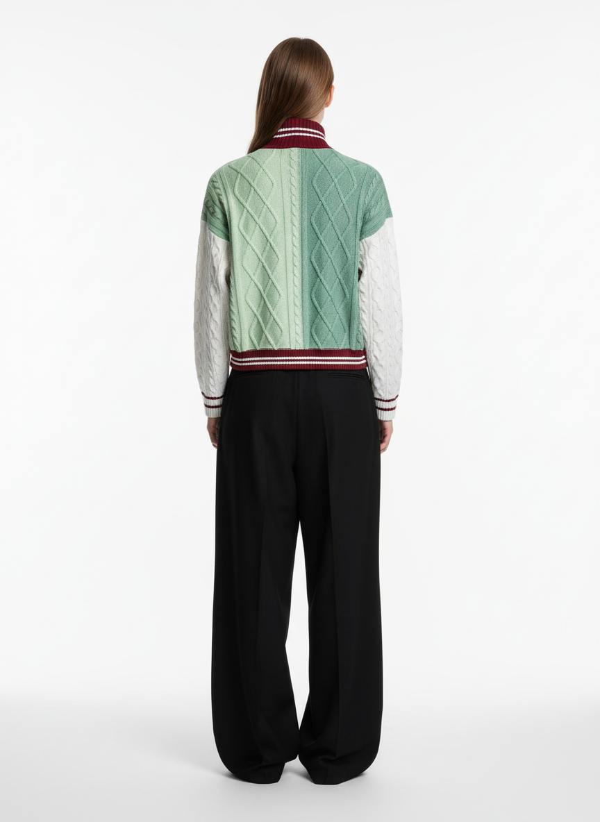 Retro Contrast Color High Neck Knitted Cardigan Sweater