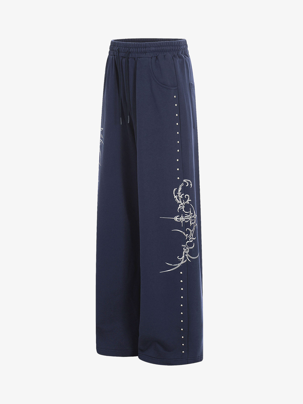 Floral Line Art Studded Wide Leg Drawstring Sweatpants
