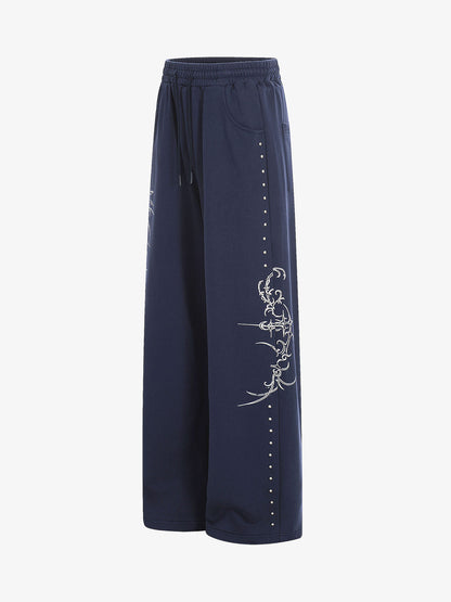 Floral Line Art Studded Wide Leg Drawstring Sweatpants