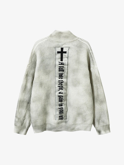 Ribbed Knit Dirty Dyed Embroidery Cross Sweater 