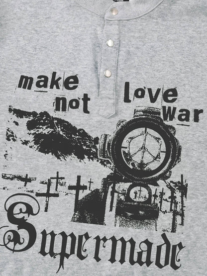Cotton blend loose-fitting stand-up collar button-front short-sleeved T-shirt with anti-war print. 