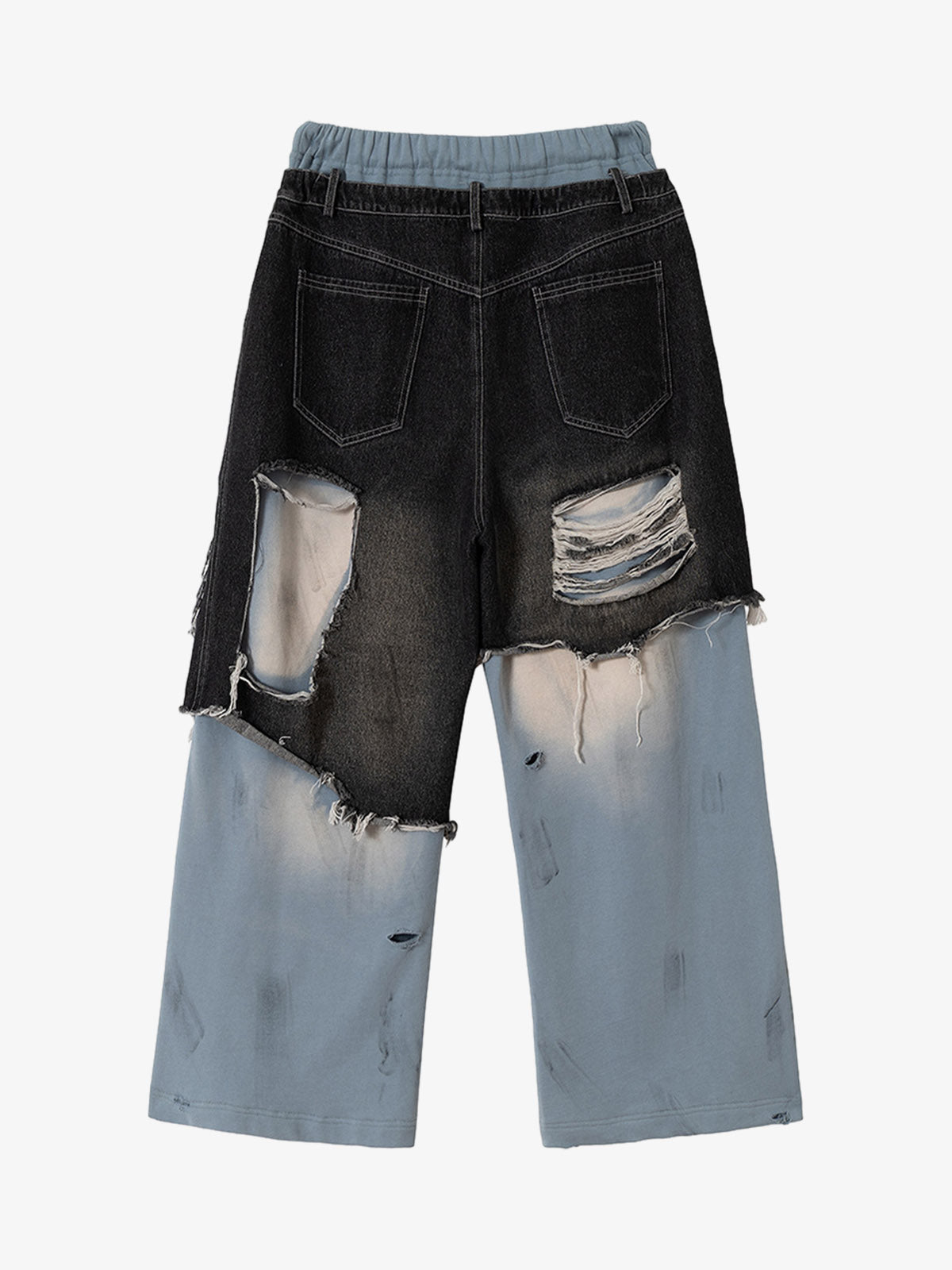 Thesupermade Double-waistband Denim Patchwork Ripped Casual Pants 