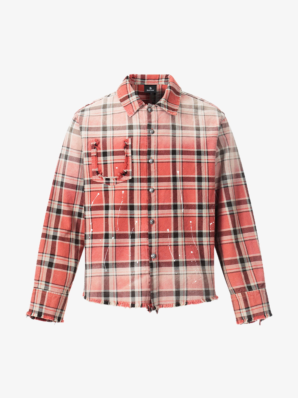 Cotton Plaid Shirt with Paint Splatter Design, Distressed Hem and Pockets, Casual Men's Long Sleeve Button-Up Jacket 