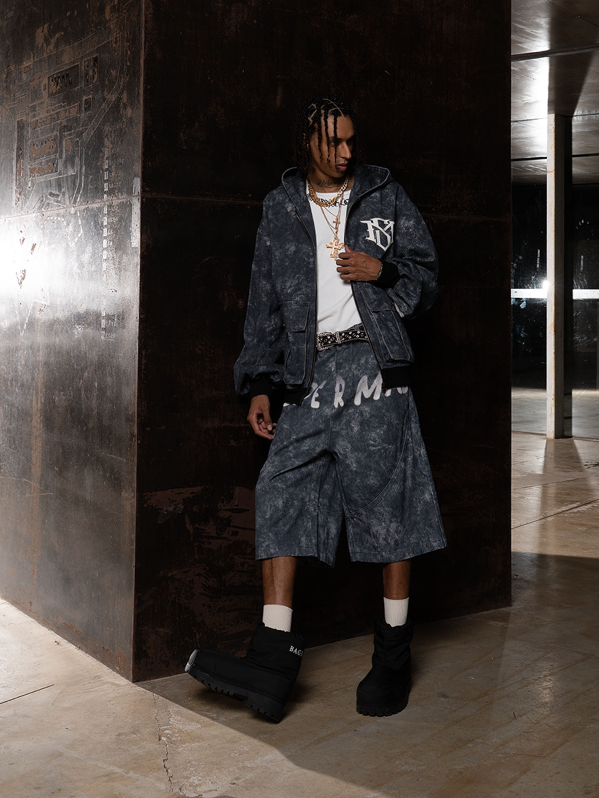Oversized Denim Hoodie And Shorts Set For Urban Streetwear 
