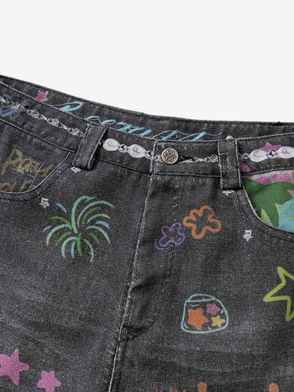 Thesupermade Graffiti Print Cold Transfer Camouflage Layered Cargo Jeans 