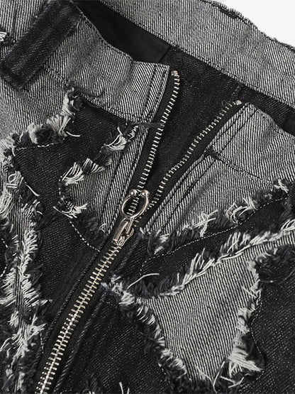 Frayed Zebra Striped Patchwork Wide Leg Jeans 