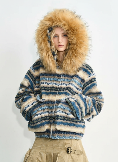 Retro Striped Reversible Faux Sheepskin Collar Jacket