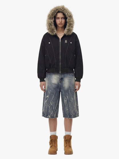 Faux Fur Lined Zip Up Hooded Bomber Jacket