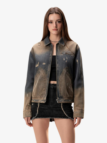 Vintage Washed Distressed Denim Zip Up Jacket