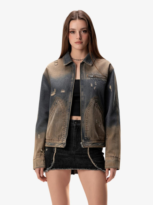 Vintage Washed Distressed Denim Zip Up Jacket
