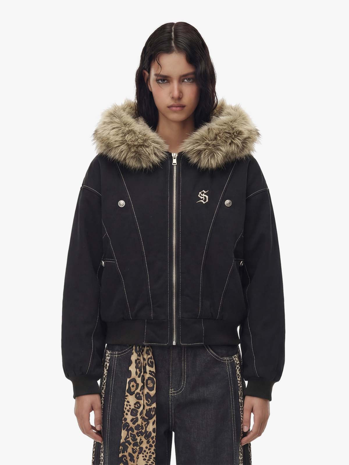 Faux Fur Lined Zip Up Hooded Bomber Jacket