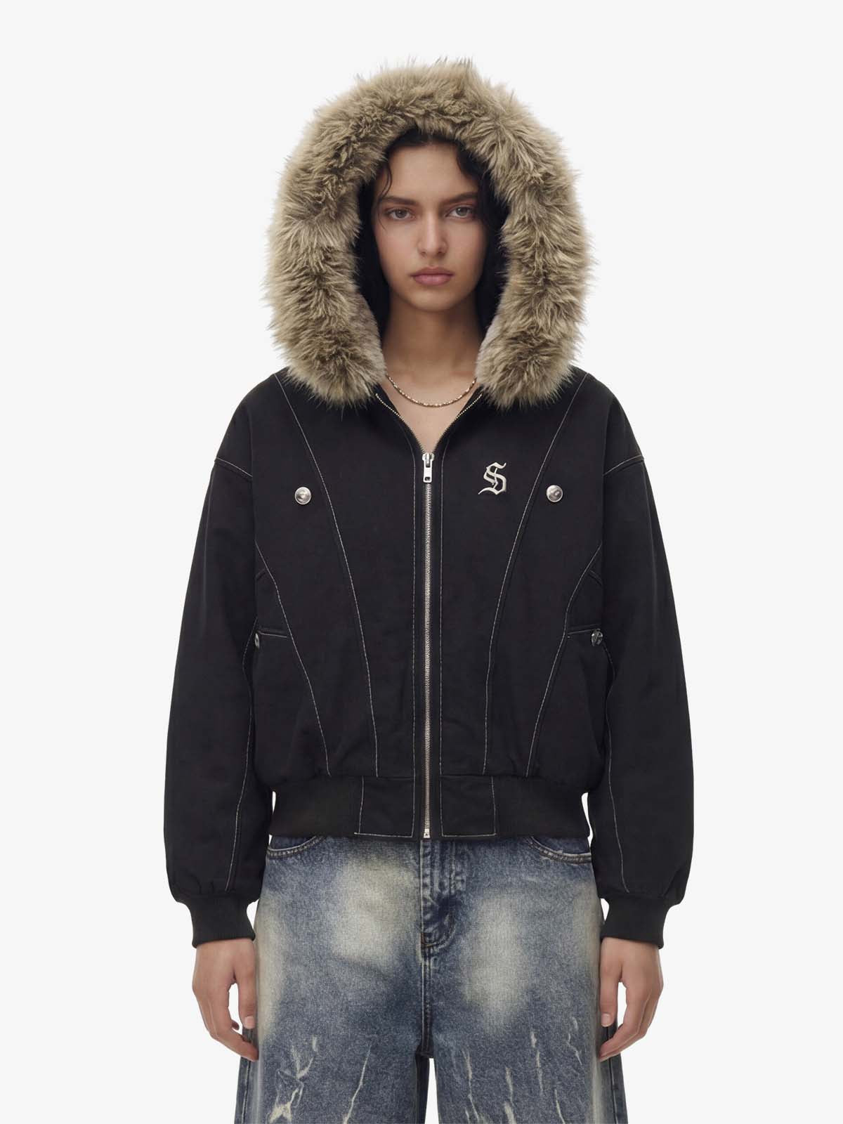 Faux Fur Lined Zip Up Hooded Bomber Jacket