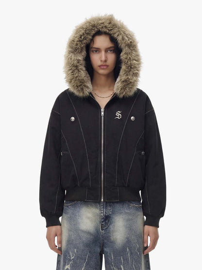 Faux Fur Lined Zip Up Hooded Bomber Jacket