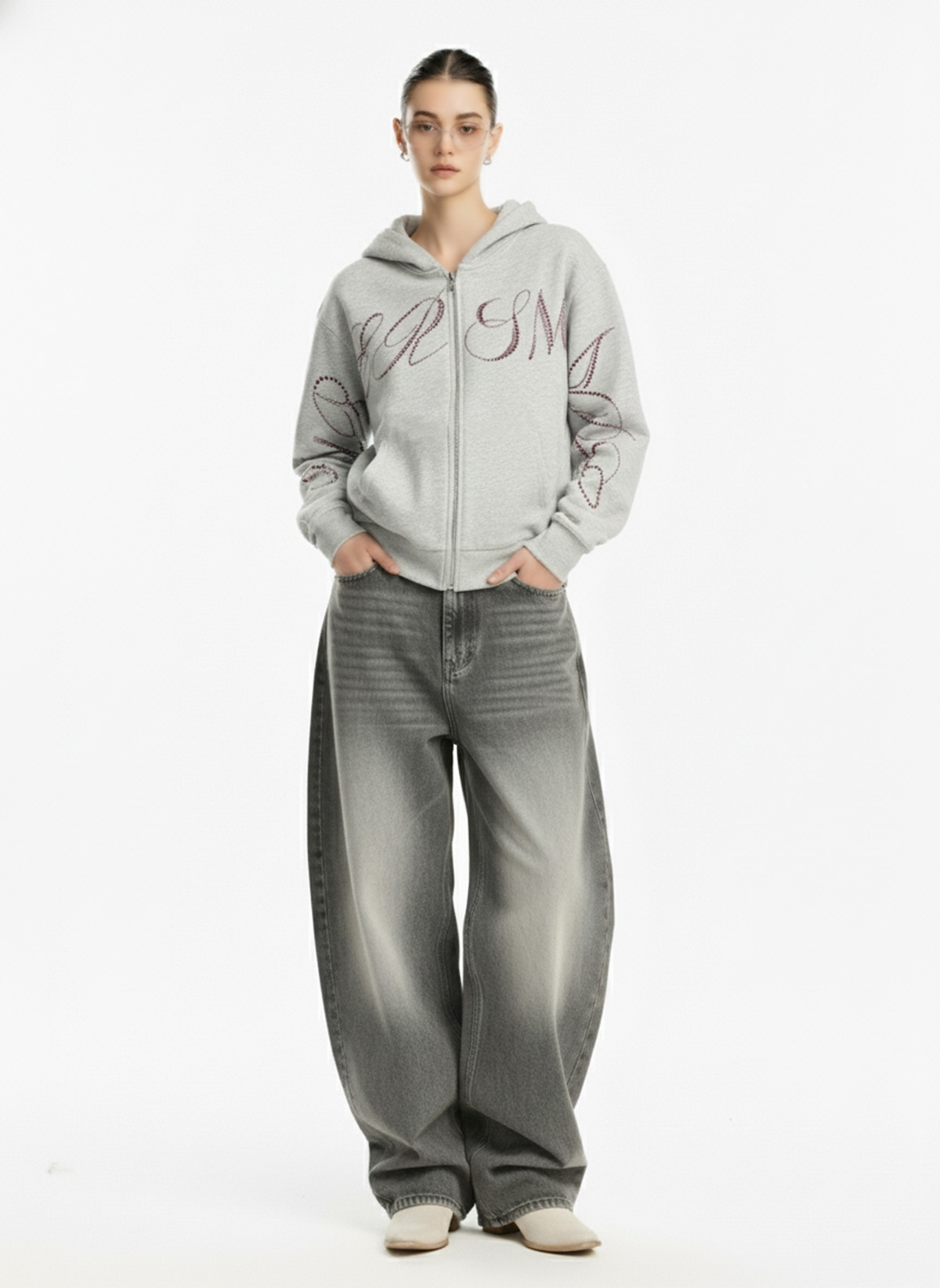 Street Hip-Hop Rhinestone Cropped Hooded Sweatshirt