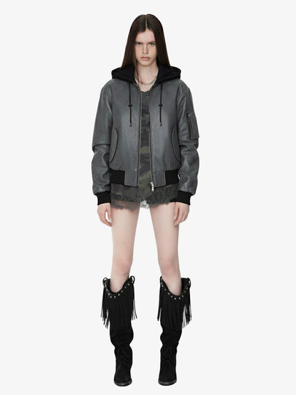 Retro Leather Faux Two-Piece Hooded Padded Bomber Jacket