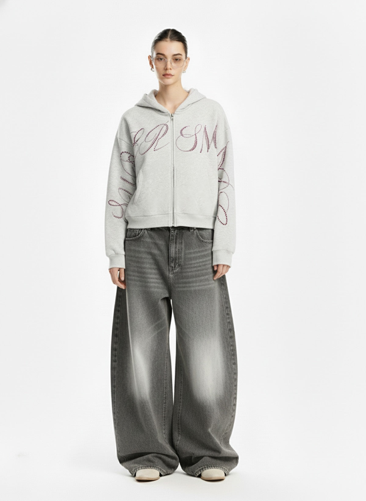 Street Hip-Hop Rhinestone Cropped Hooded Sweatshirt