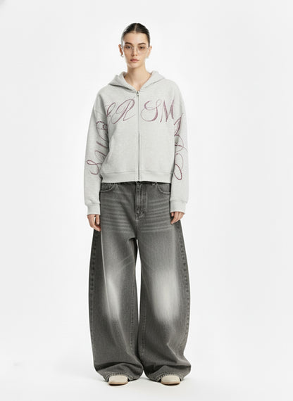 Street Hip-Hop Rhinestone Cropped Hooded Sweatshirt