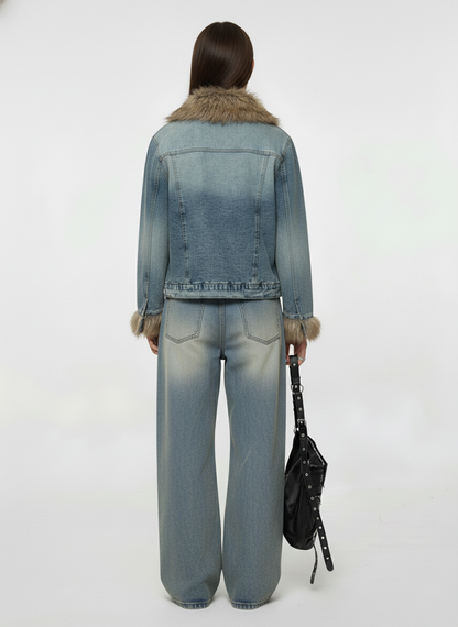 Vintage Faux Fur Trim Washed Padded Denim Jacket