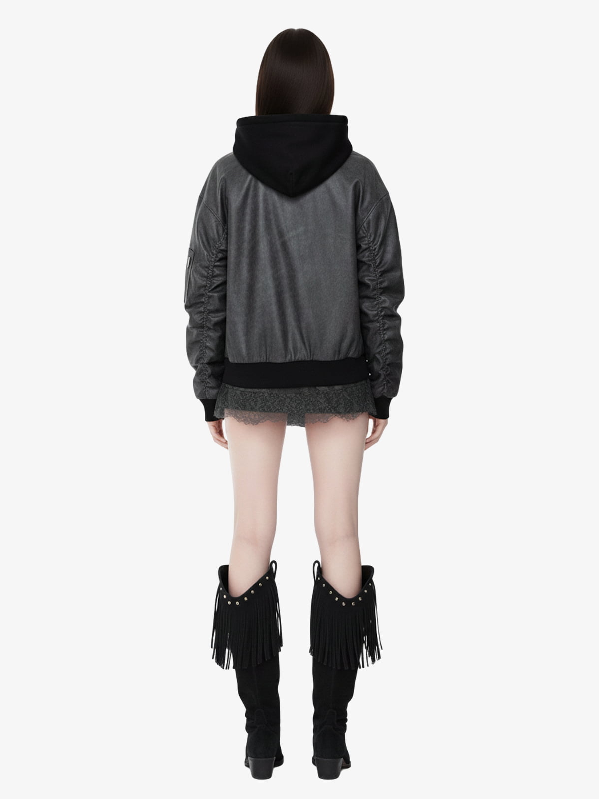 Retro Leather Faux Two-Piece Hooded Padded Bomber Jacket