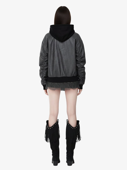 Retro Leather Faux Two-Piece Hooded Padded Bomber Jacket