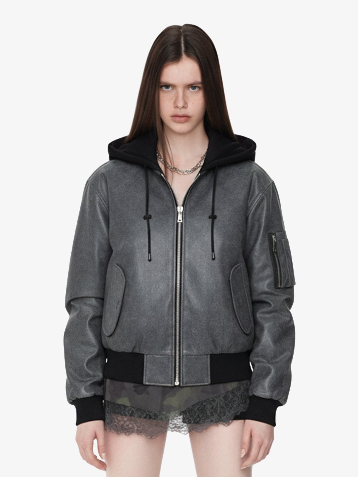 Retro Leather Faux Two-Piece Hooded Padded Bomber Jacket