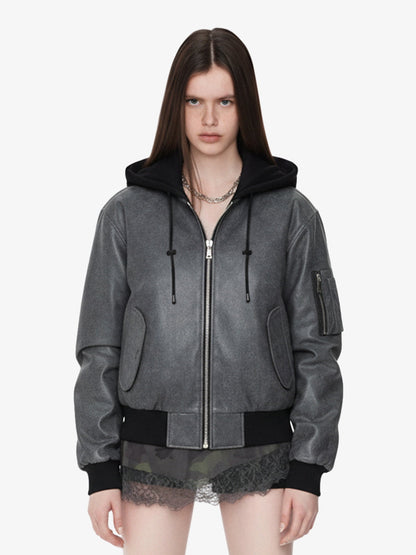 Retro Leather Faux Two-Piece Hooded Padded Bomber Jacket