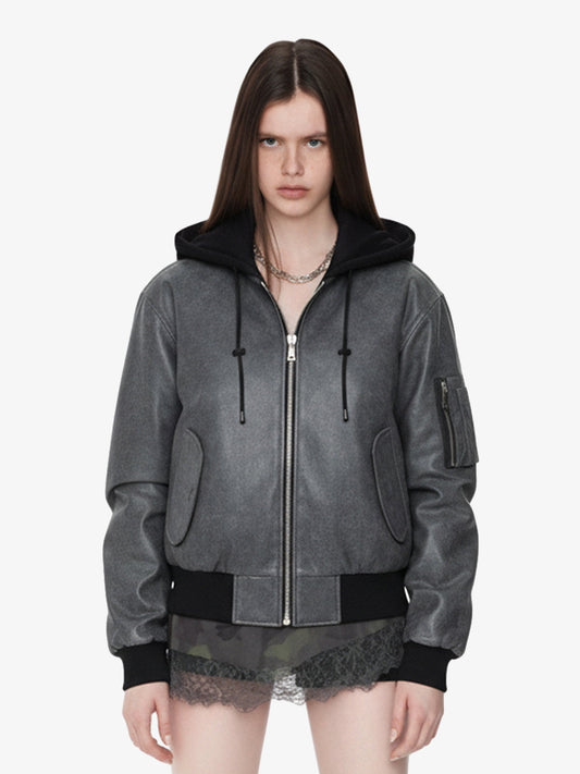 Retro Leather Faux Two-Piece Hooded Padded Bomber Jacket