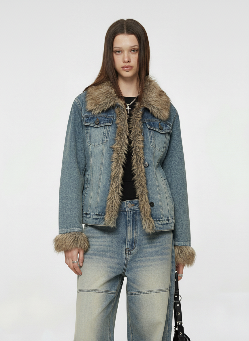 Vintage Faux Fur Trim Washed Padded Denim Jacket