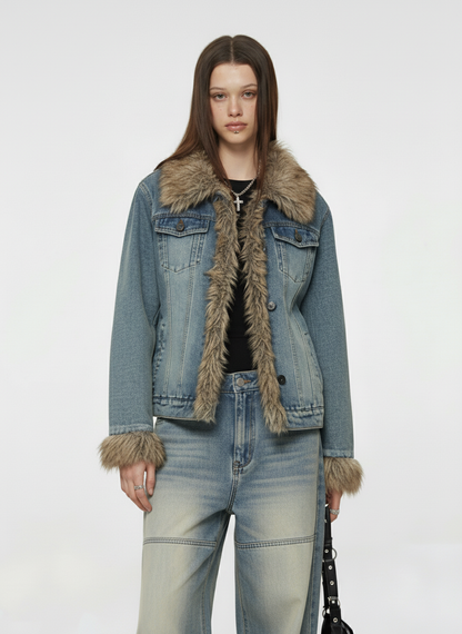 Vintage Faux Fur Trim Washed Padded Denim Jacket
