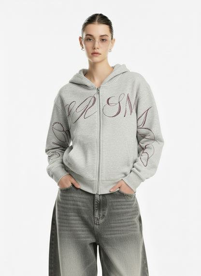 Street Hip-Hop Rhinestone Cropped Hooded Sweatshirt