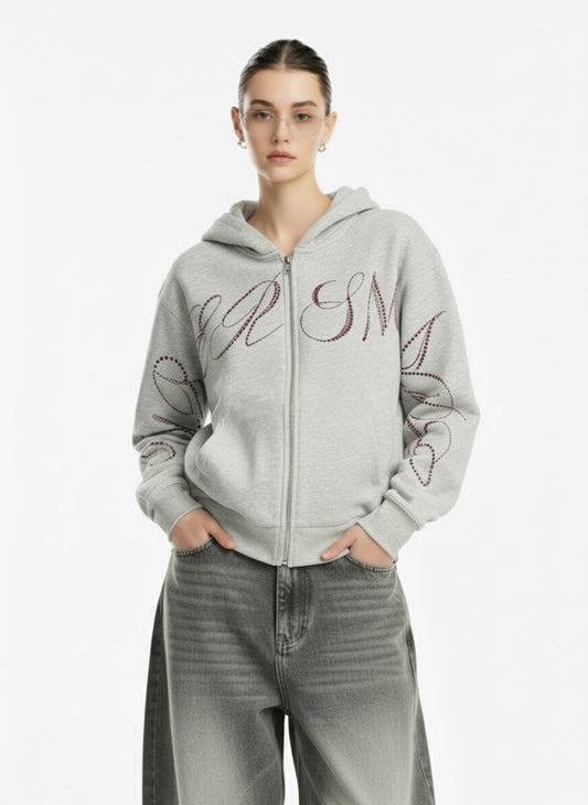 Street Hip-Hop Rhinestone Cropped Hooded Sweatshirt