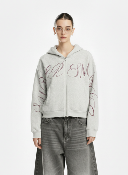 Street Hip-Hop Rhinestone Cropped Hooded Sweatshirt