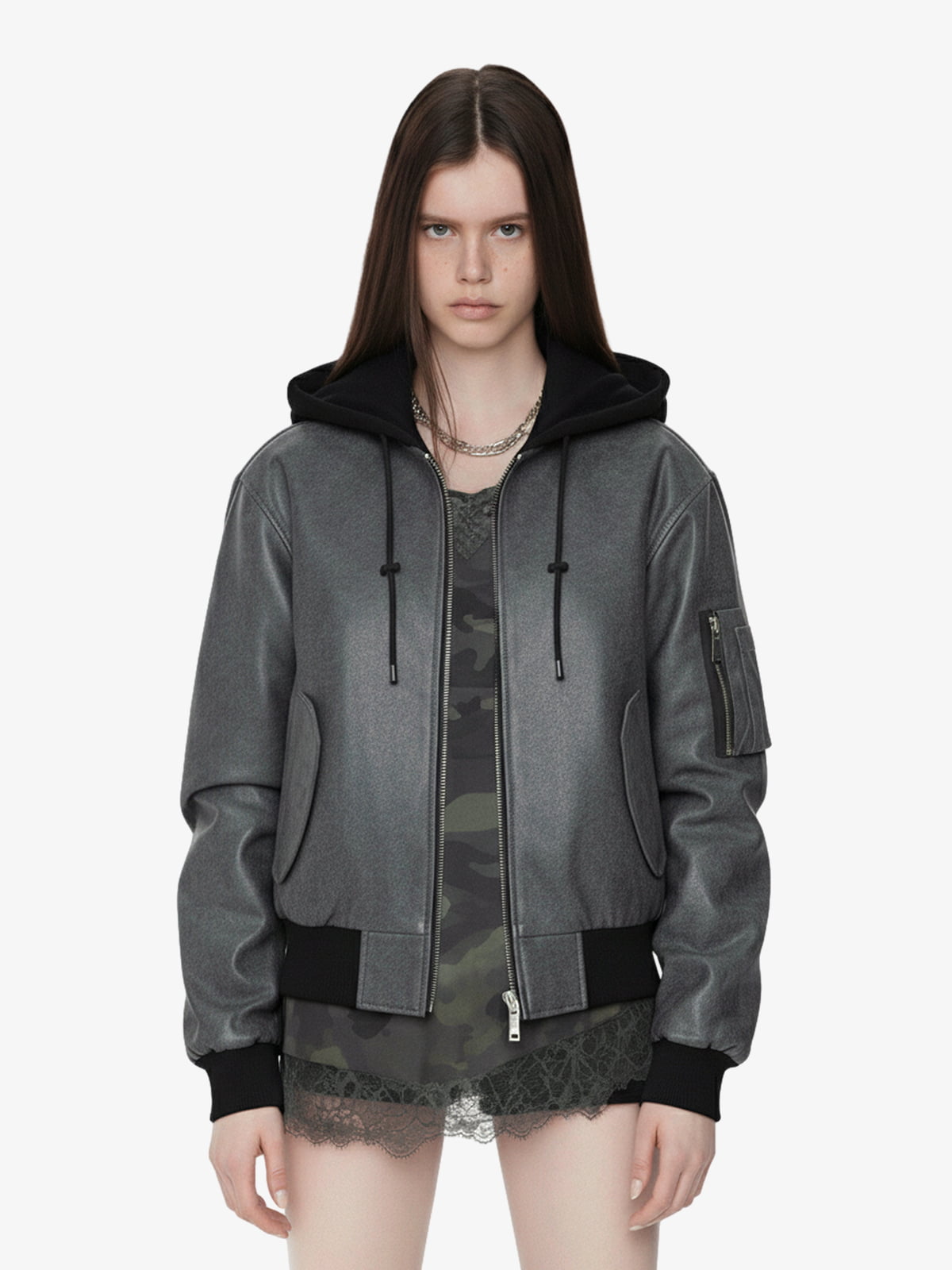 Retro Leather Faux Two-Piece Hooded Padded Bomber Jacket